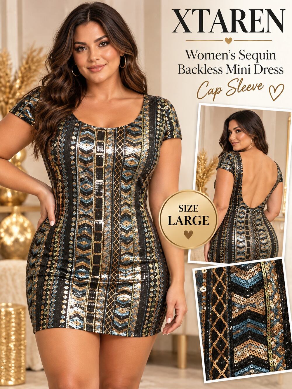 XTAREN Women's Sequin Backless Mini Dress Cap Sleeve Size Large